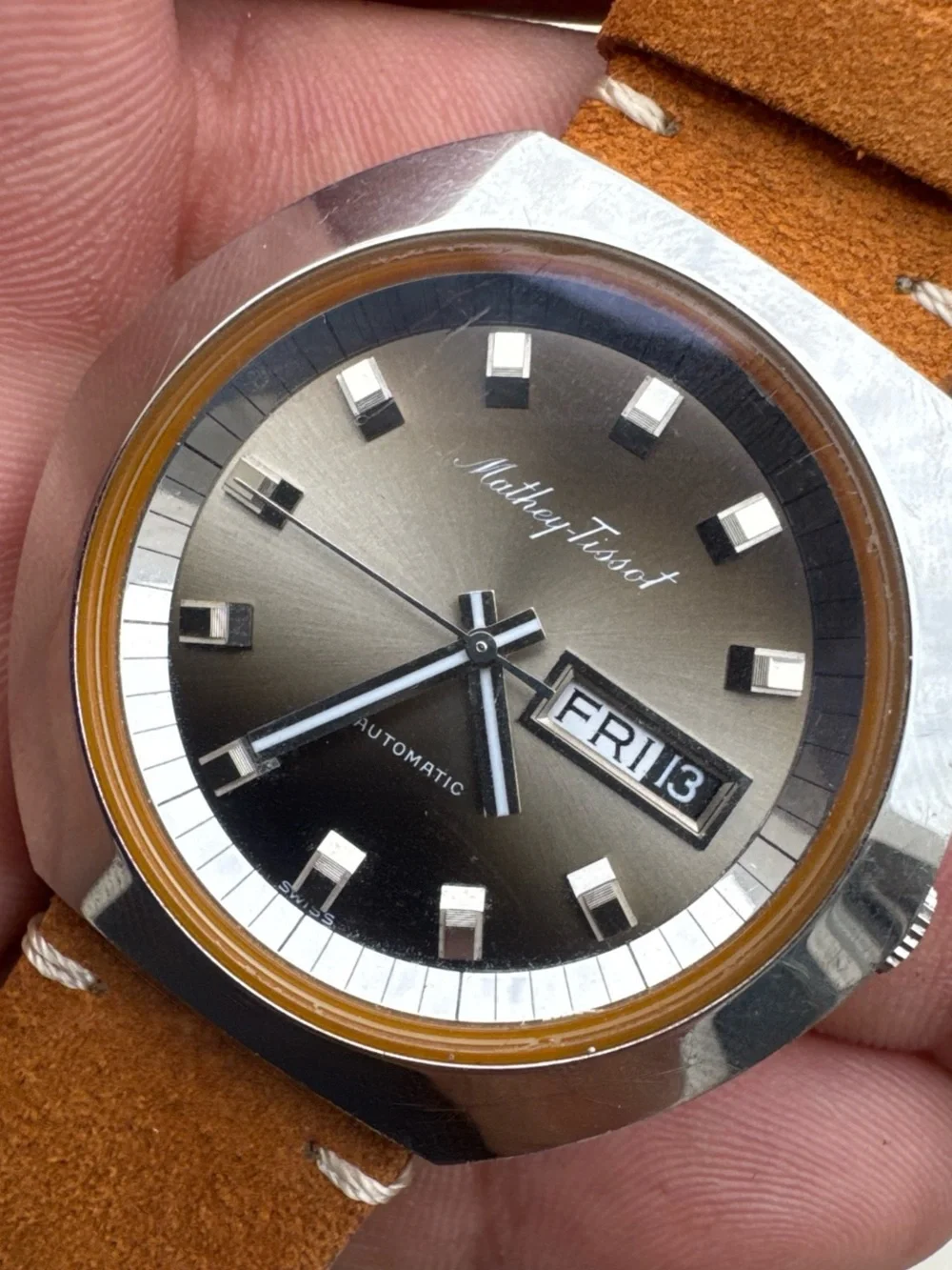Mathey Tissot automatic Day Date watch with brown leather strap